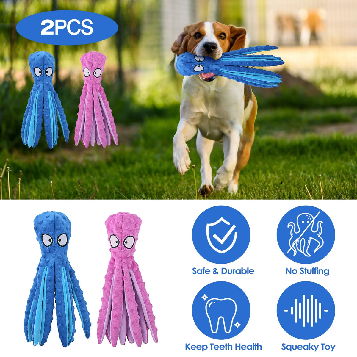 2Pcs Squeaky Dog Toys No Stuffing Crinkle Plush Octopus Dog Teething Toy