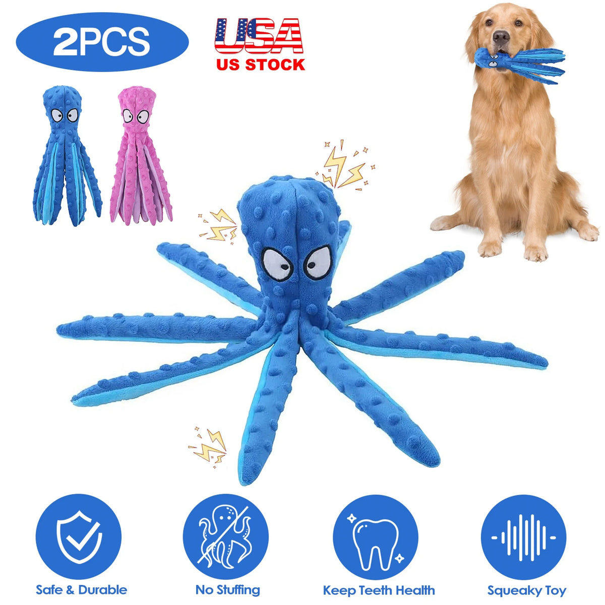 2Pcs Squeaky Dog Toys No Stuffing Crinkle Plush Octopus Dog Teething Toy