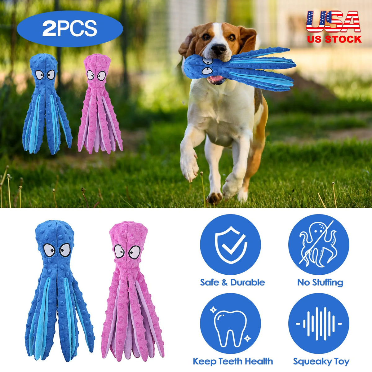 Octopus No-Stuffing Crinkle Squeaky Dog Toy (2-Pack) - view 6
