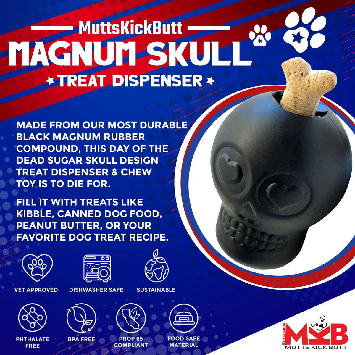 Magnum Sugar Skull Dog Chew Toy & Treat Dispenser