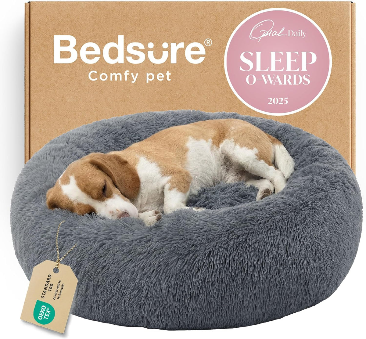 Bedsure Calming Donut Dog Bed, Faux Fur