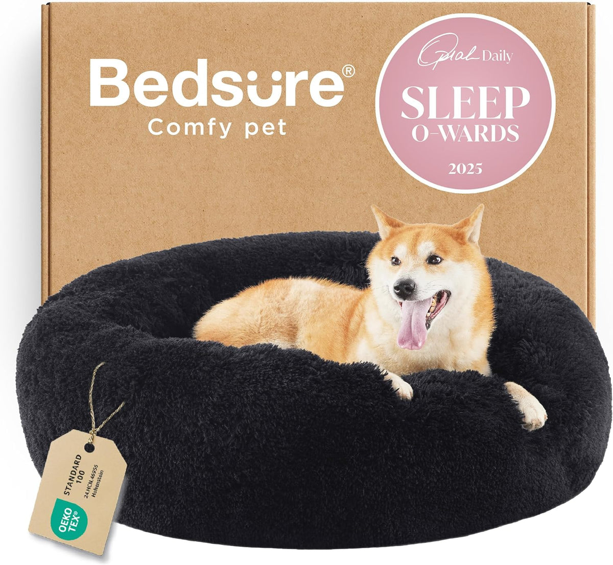 Bedsure Calming Donut Dog Bed, Faux Fur