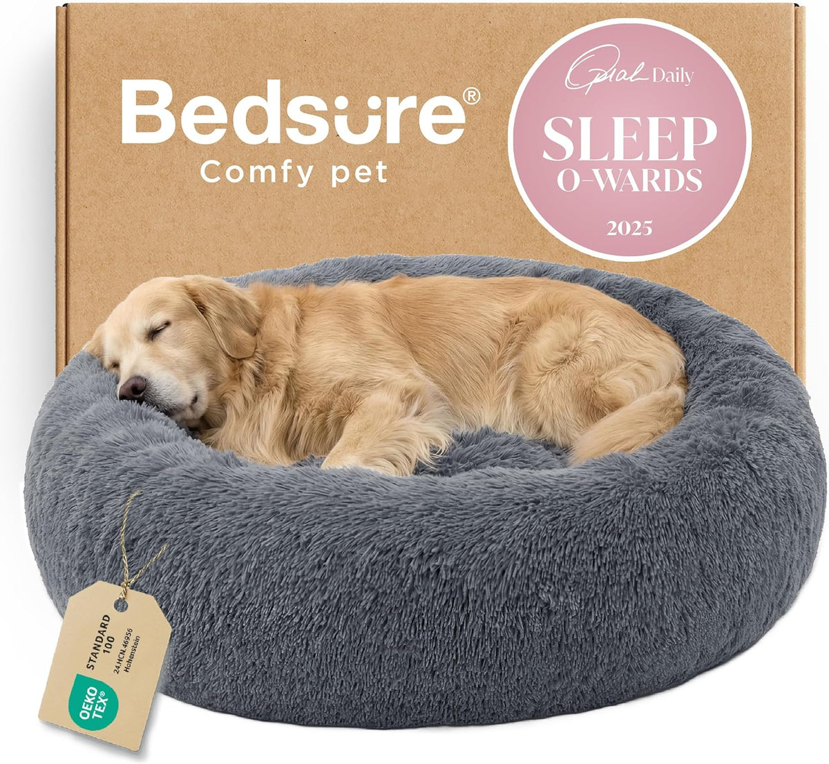 Bedsure Calming Donut Dog Bed, Faux Fur